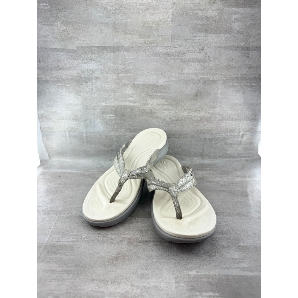 Crocs Capri V Shimmer Silver Metallic Flip Flop Sandals Women Sz 8 Comfort Thong